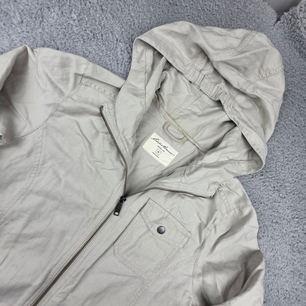 Eddie Bauer Hooded Jacket Women Size M Beige Linen Blend Zip Utility Field